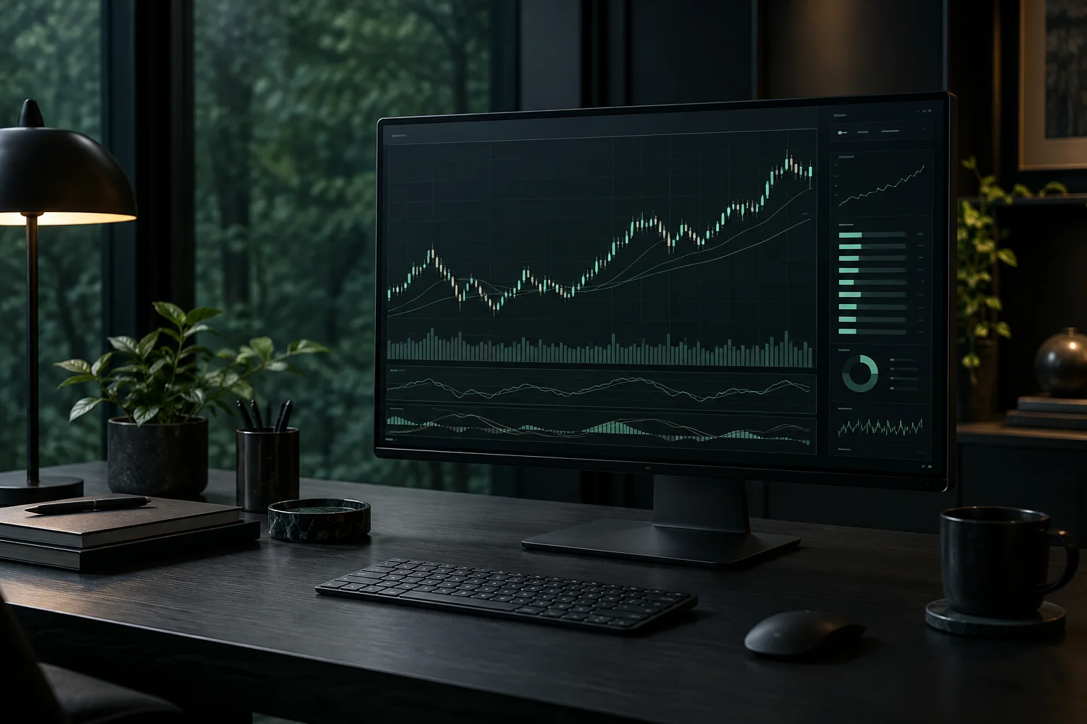 Illustrative photograph of a charcoal market-research workstation with muted mint charts; not the actual Market Move Bot interface.